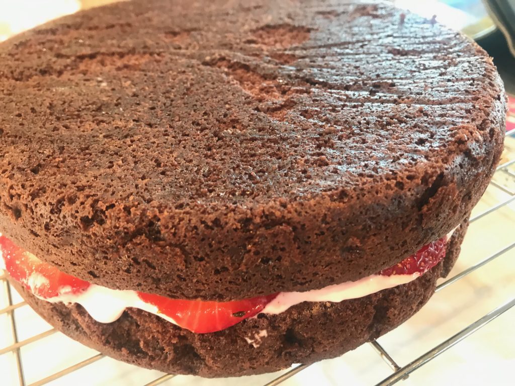 Deep Dark Chocolate Fudge Cake w/ Fresh Strawberry Filling and Dark